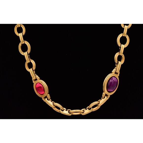 Monet for YSL Vintage Cabochon Necklace Purple Fuchsia Chunky Signed 1980s BinK - Picture 3 of 16